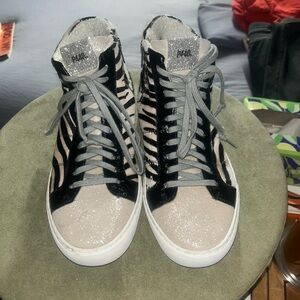 Zebra-Print Glitter High-Top Sneakers - Black & Beige Sz 9.5 /40
